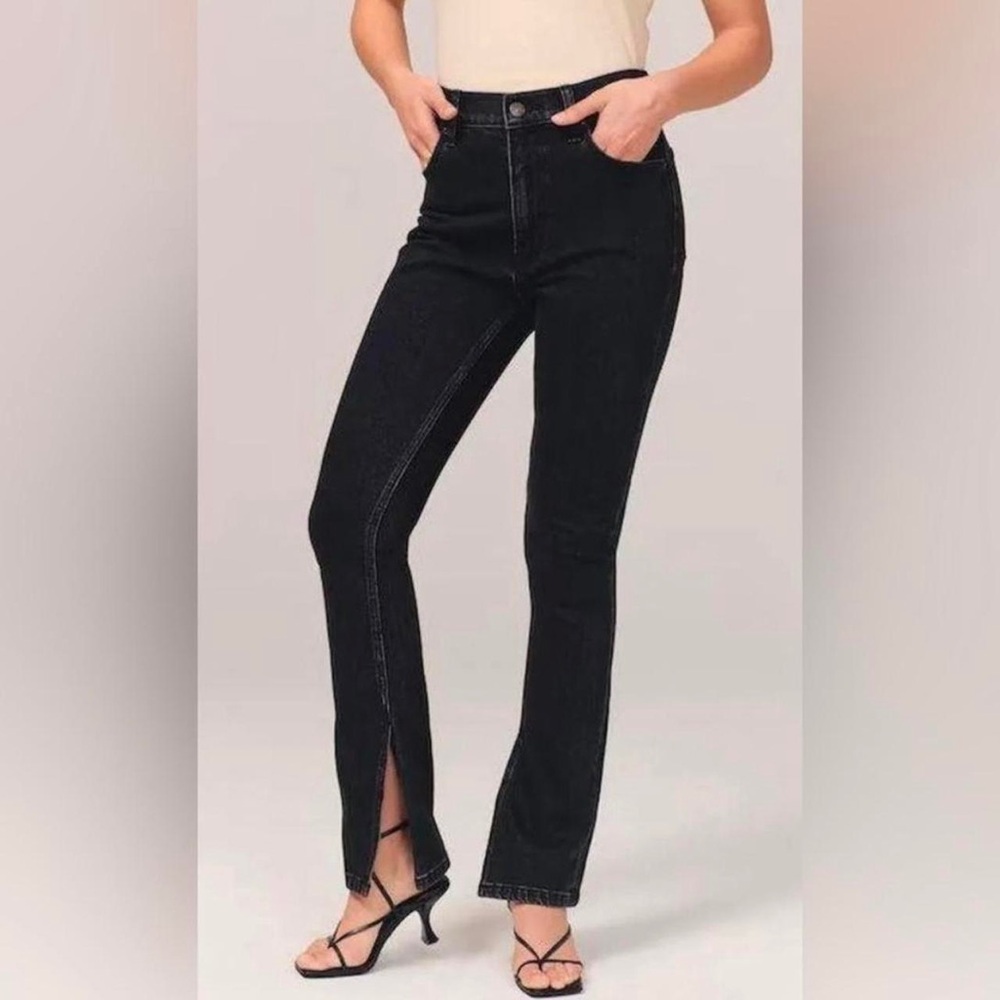 Abercrombie Slim Straight High Rise black denim split hem jeans Size 33 /Size 16